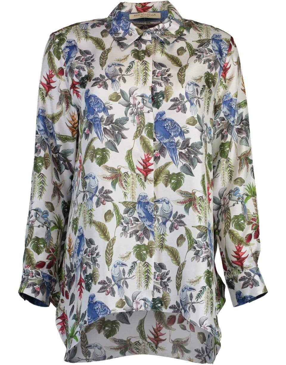 RANI ARABELLA-Tropical Bird Print Silk Button Up Shirt-