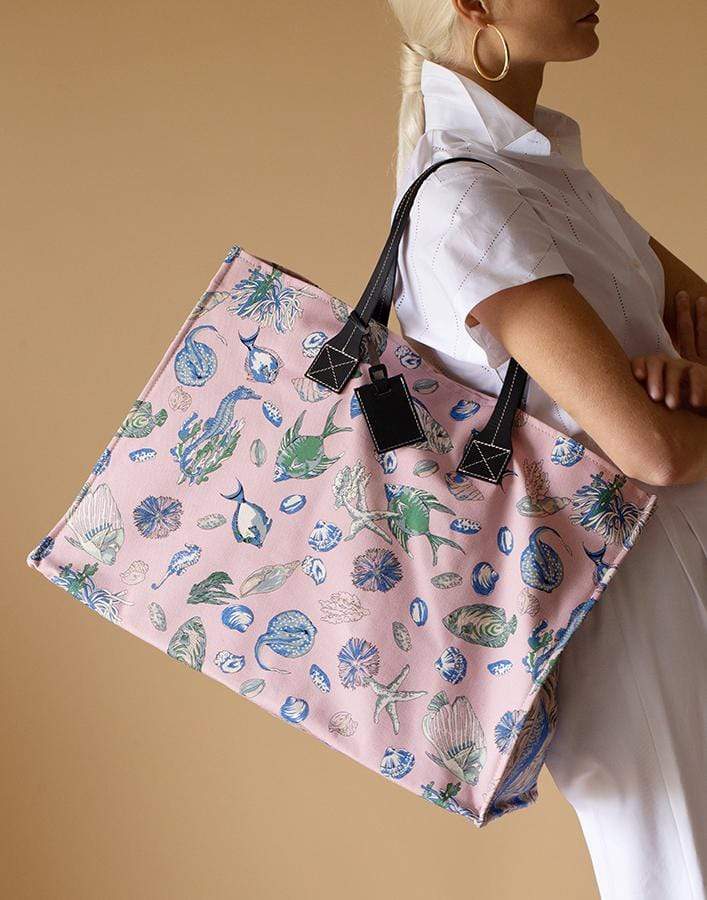 RANI ARABELLA-Fish Print Canvas Beach Bag-PINK