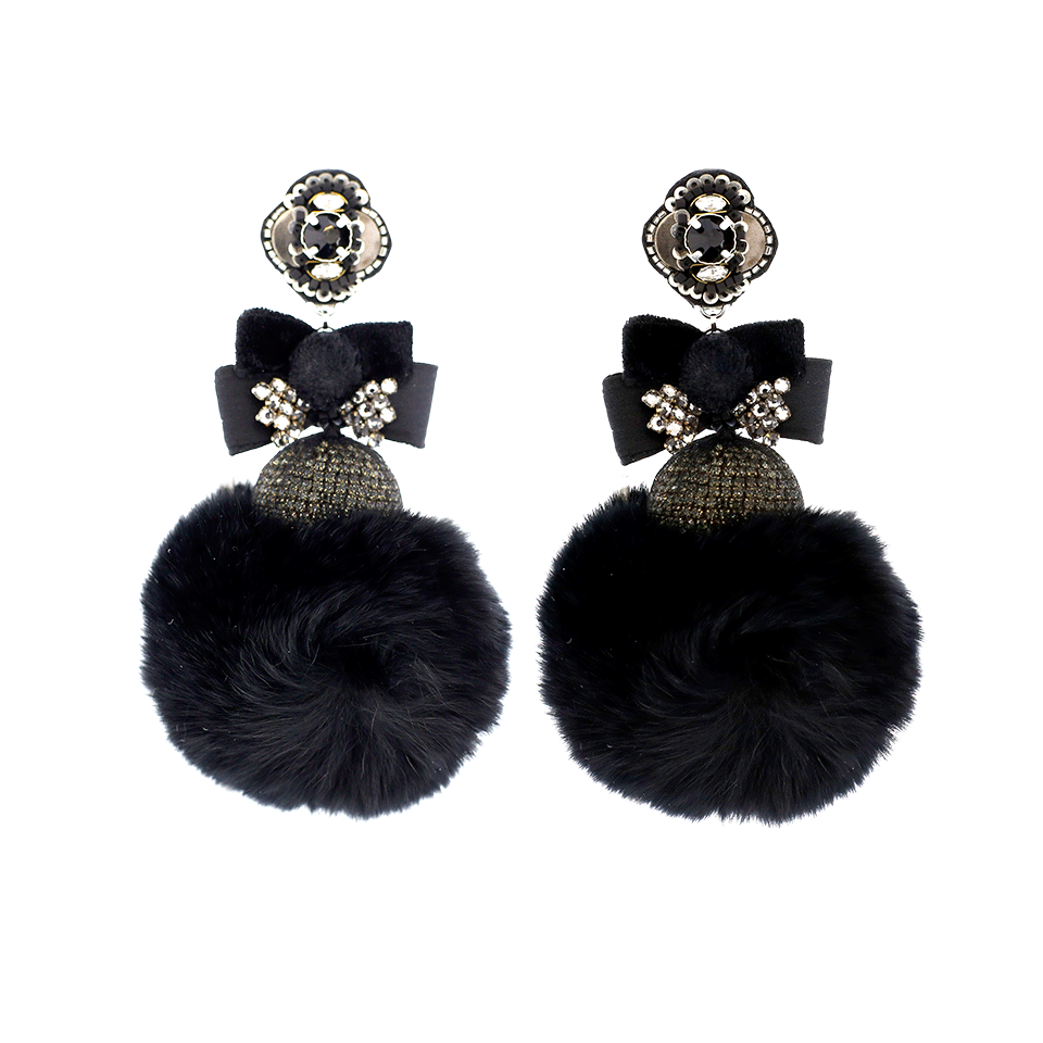 RANJANA KHAN-Pom Pom Mink Earrings-BLK/SLVR