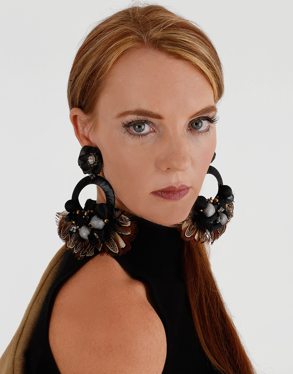 RANJANA KHAN-Drop Hoop Feather Earrings-MULTI