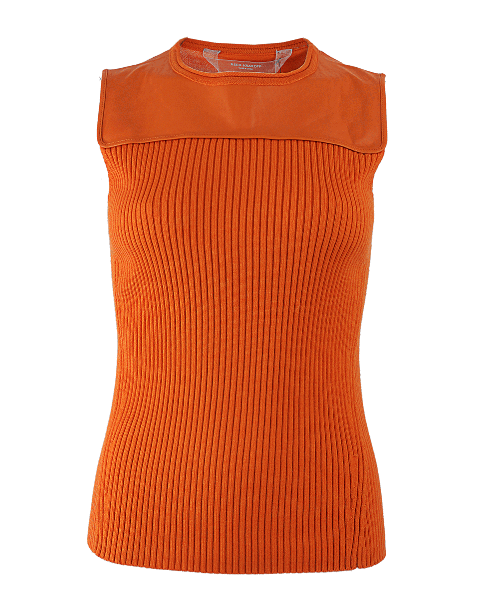 REED KRAKOFF-Sleeveless Leather Yoke Ribbed Top-
