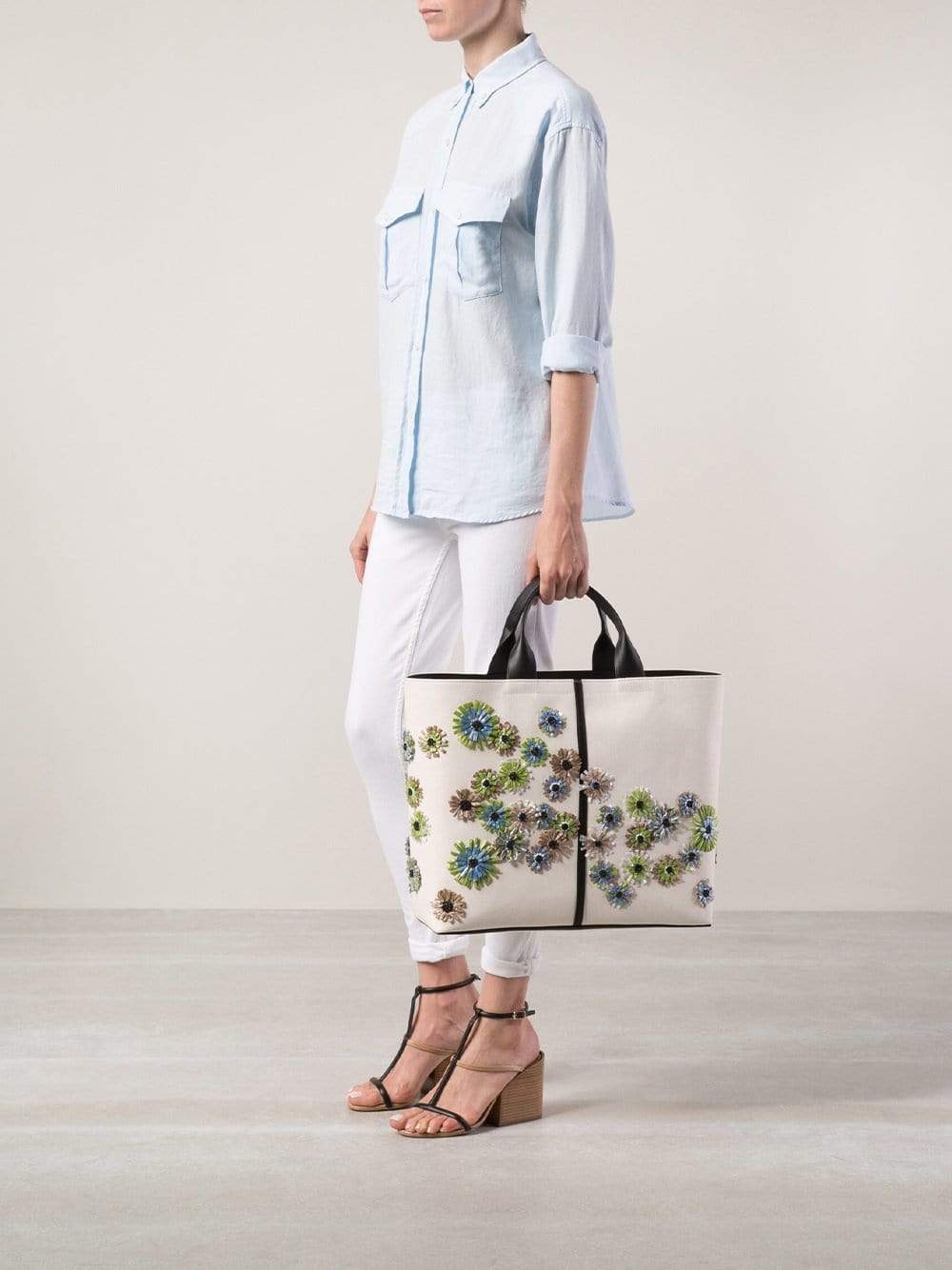 REED KRAKOFF-Raffia Flower Track Tote-NATURAL