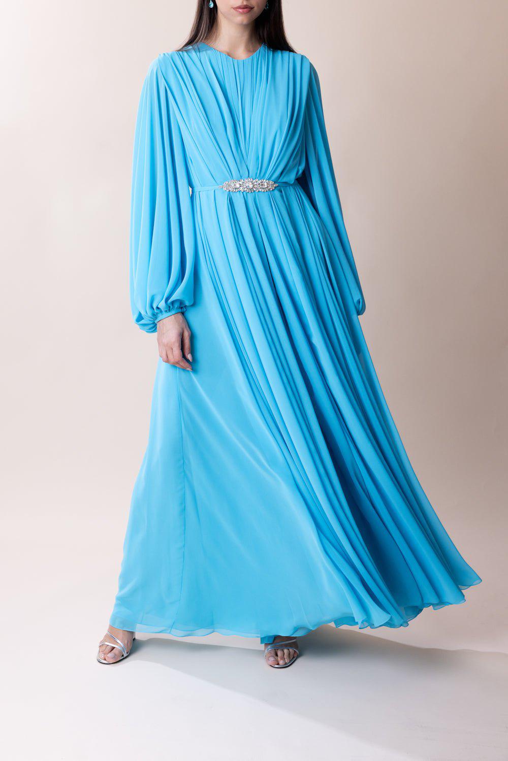 REEM ACRA-Bubble Sleeve Gown - Turquoise-