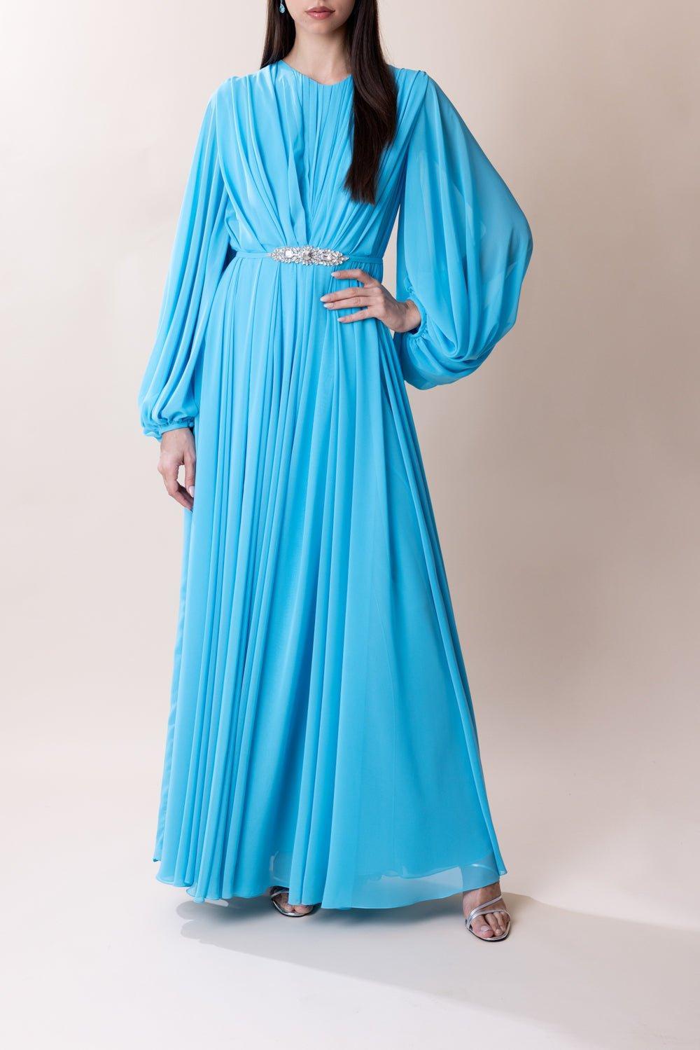 REEM ACRA-Bubble Sleeve Gown - Turquoise-