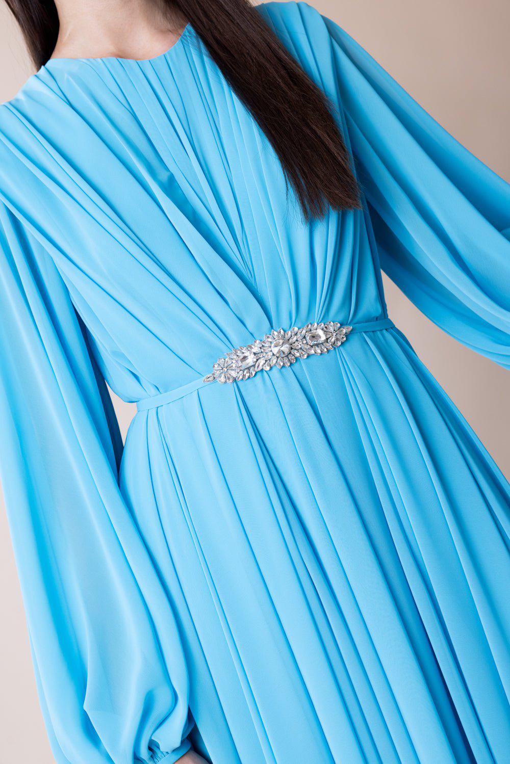 REEM ACRA-Bubble Sleeve Gown - Turquoise-