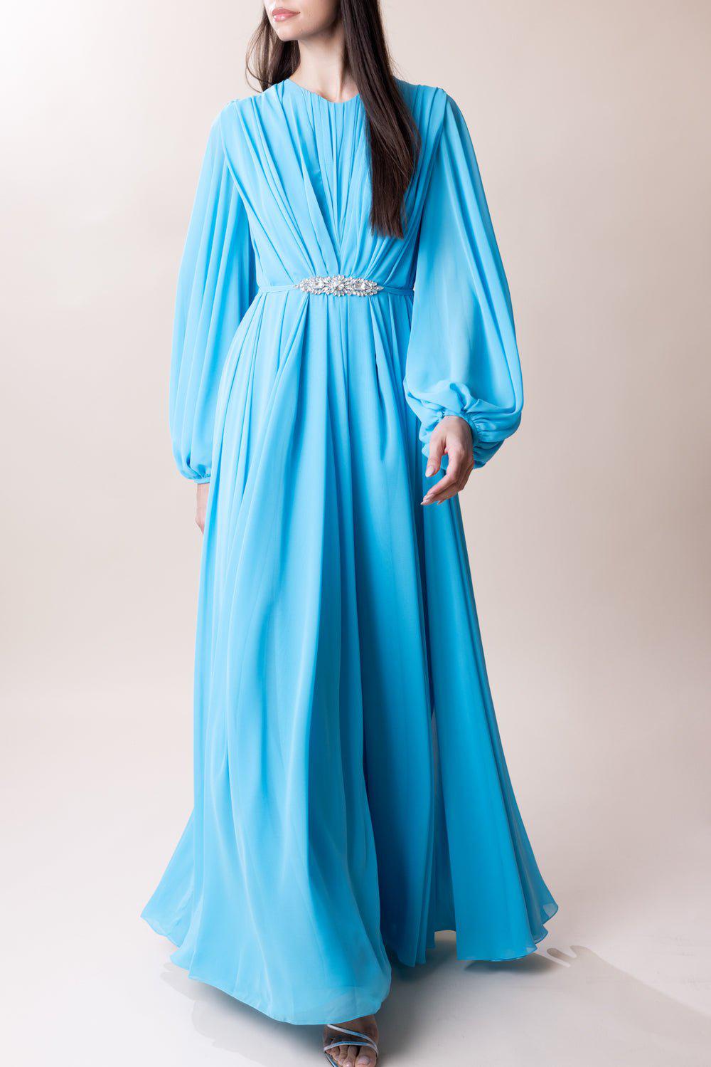 REEM ACRA-Bubble Sleeve Gown - Turquoise-