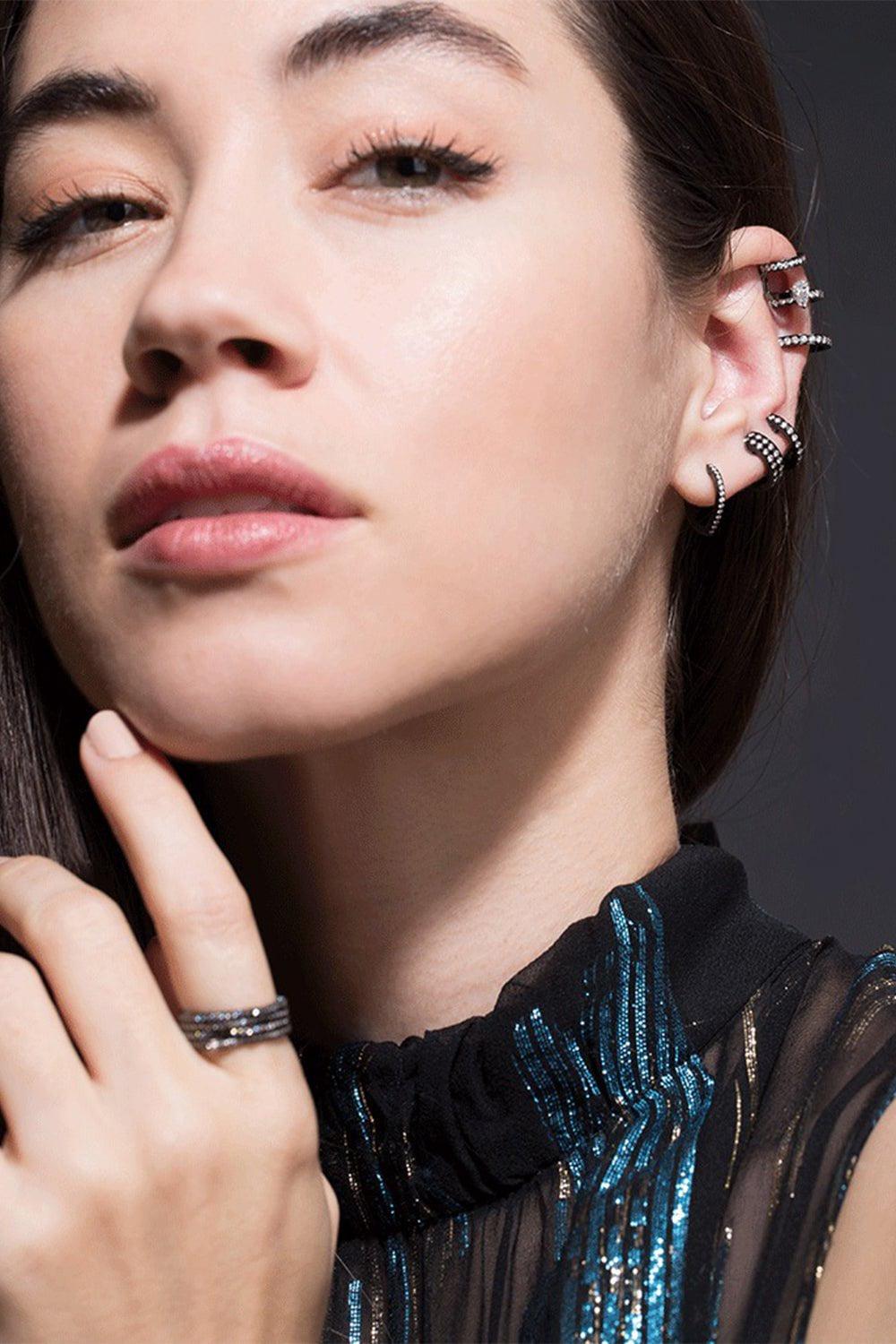 REPOSSI-Berbere Module 3 Pave Diamond Row Earcuff-BLACK GOLD