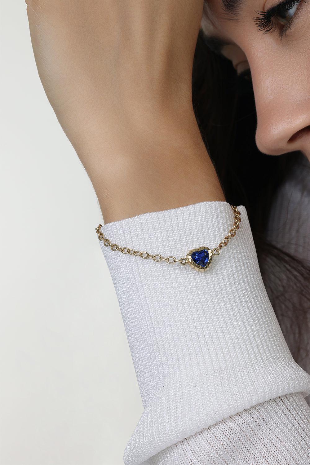 Blue Sapphire Heart Heirloom Bracelet-YELLOW GOLD-7-JEWELRYFINE JEWELBRACELET O-RETROUVAI