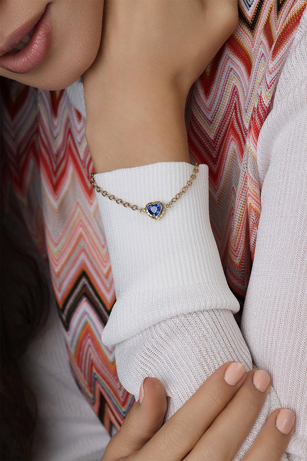 Blue Sapphire Heart Heirloom Bracelet-YELLOW GOLD-7-JEWELRYFINE JEWELBRACELET O-RETROUVAI