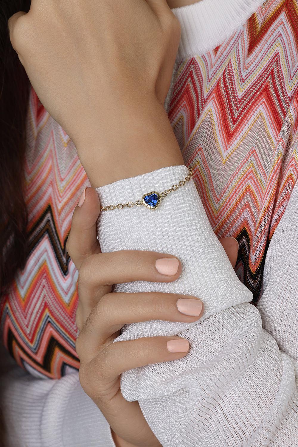 Blue Sapphire Heart Heirloom Bracelet-YELLOW GOLD-7-JEWELRYFINE JEWELBRACELET O-RETROUVAI