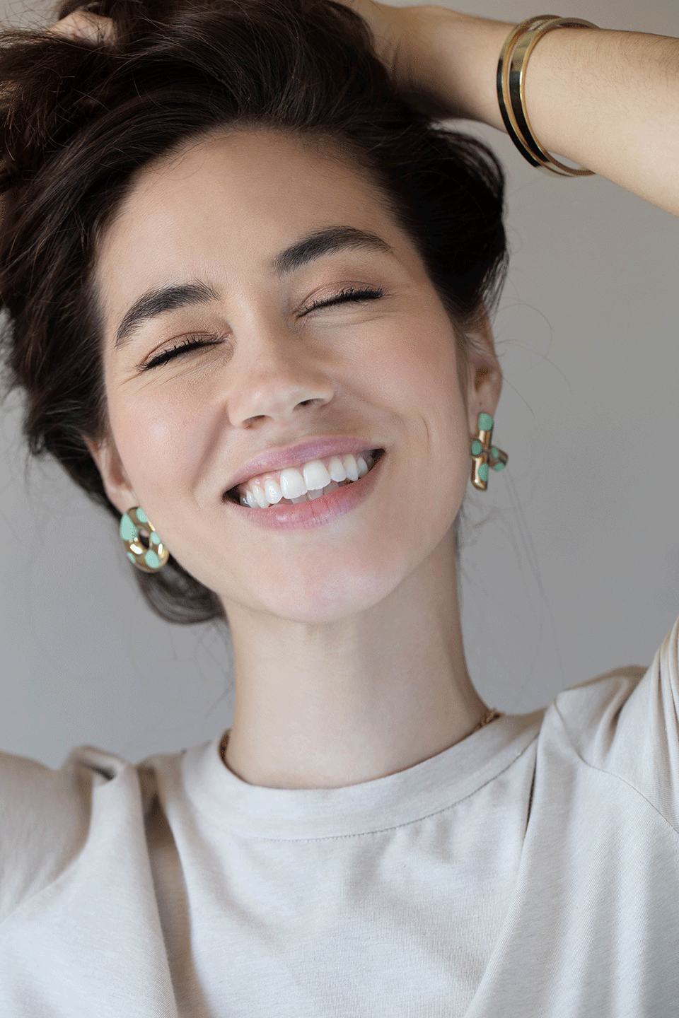 RETROUVAI-Green Turquoise Polka Dot XO Earrings-YELLOW GOLD