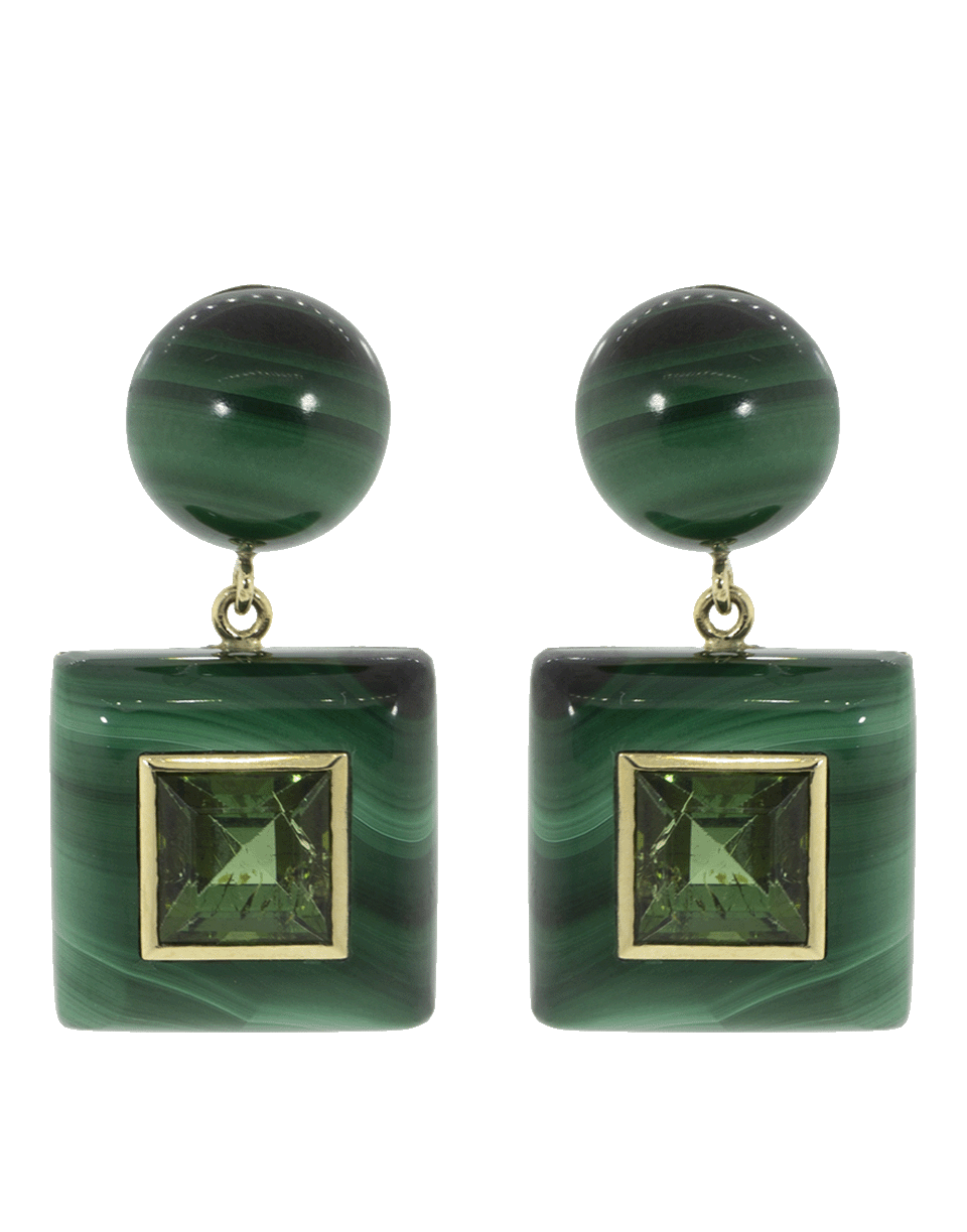 RETROUVAI-Malachite And Green Tourmaline Square Drop Earrings-YELLOW GOLD