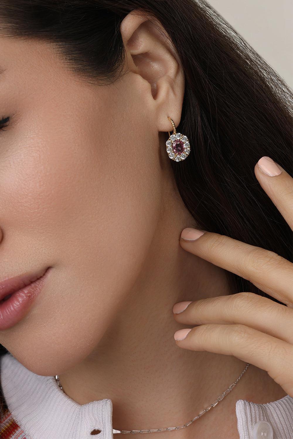 Pink Sappire Diamond Halo Heirloom Earrings-YELLOW GOLD-JEWELRYFINE JEWELEARRING-RETROUVAI