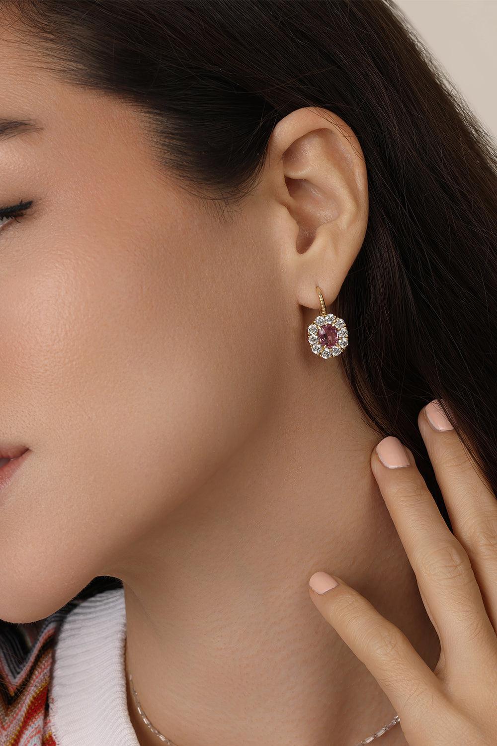 Pink Sappire Diamond Halo Heirloom Earrings-YELLOW GOLD-JEWELRYFINE JEWELEARRING-RETROUVAI
