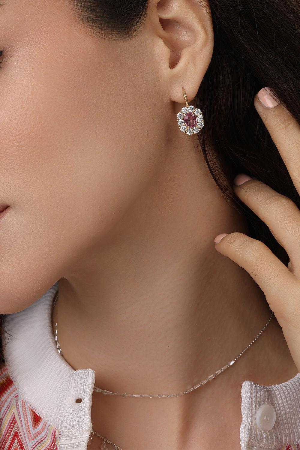 Pink Sappire Diamond Halo Heirloom Earrings-YELLOW GOLD-JEWELRYFINE JEWELEARRING-RETROUVAI