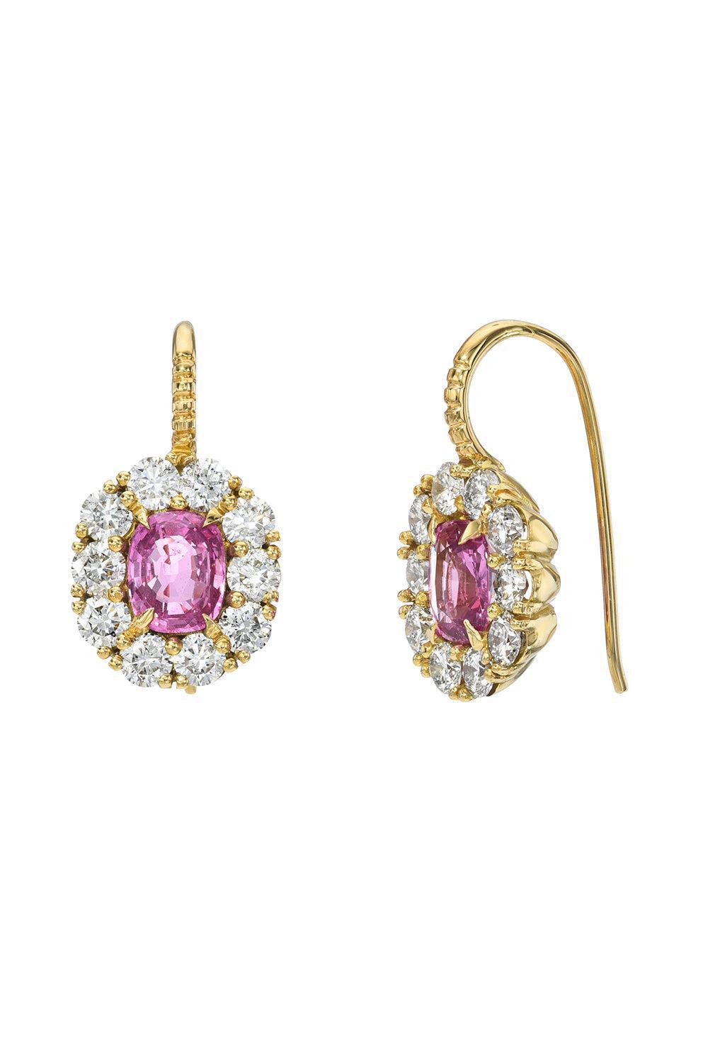 Pink Sappire Diamond Halo Heirloom Earrings-YELLOW GOLD-JEWELRYFINE JEWELEARRING-RETROUVAI