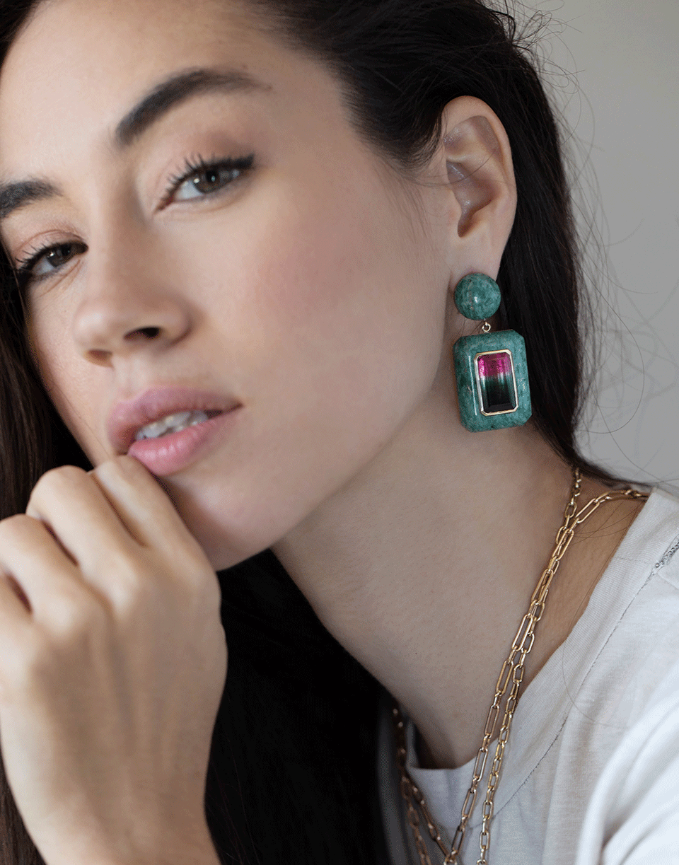 RETROUVAI-Tourmaline and Serpentine Lollipop Earrings-YELLOW GOLD