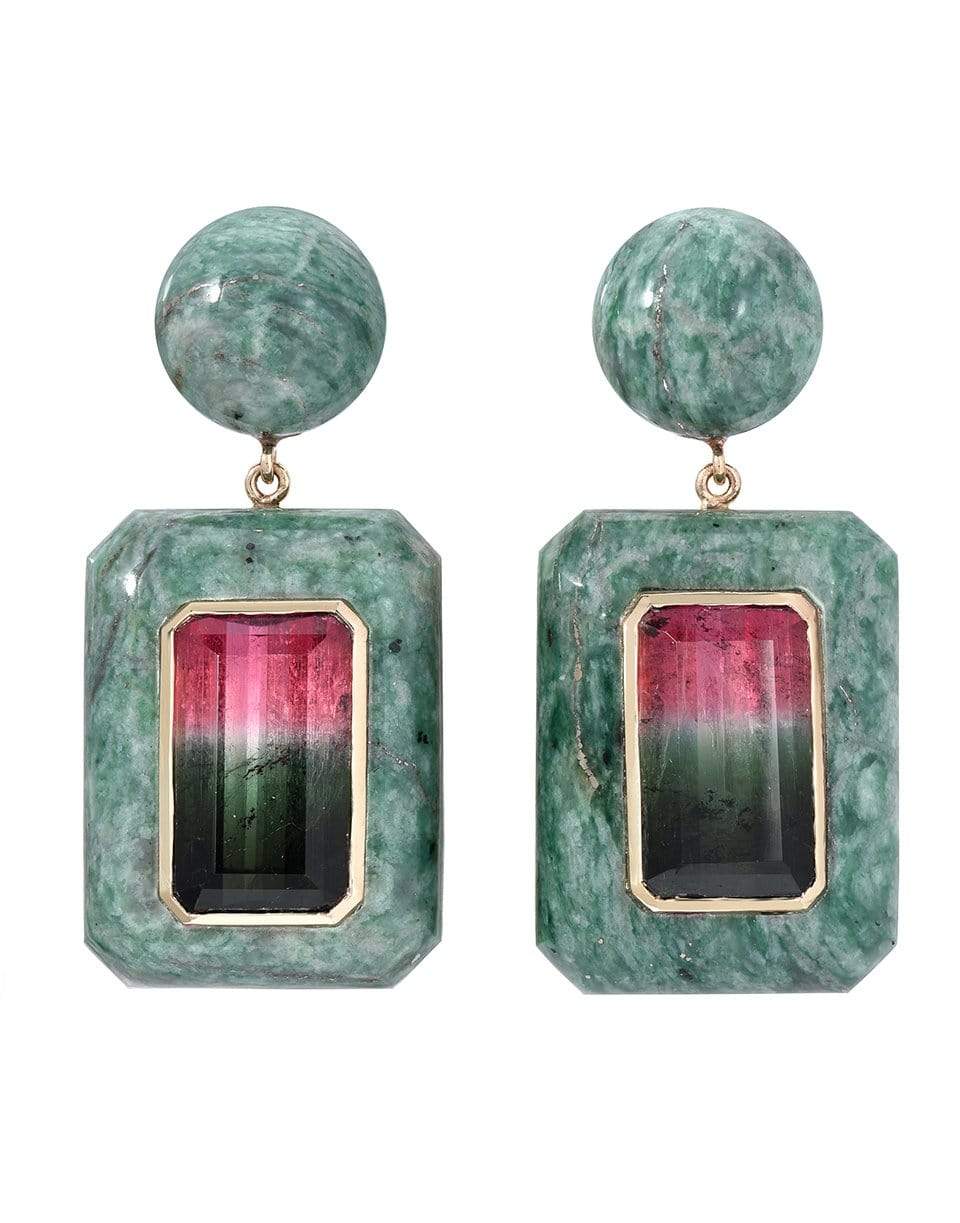 RETROUVAI-Tourmaline and Serpentine Lollipop Earrings-YELLOW GOLD