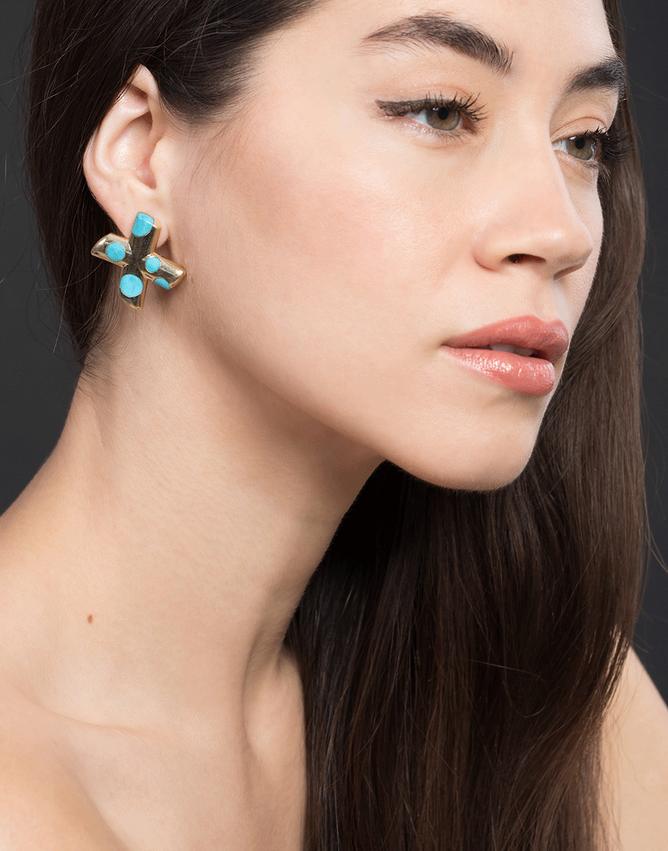 RETROUVAI-Turquoise Polka Dot "XO" Earrings-YELLOW GOLD