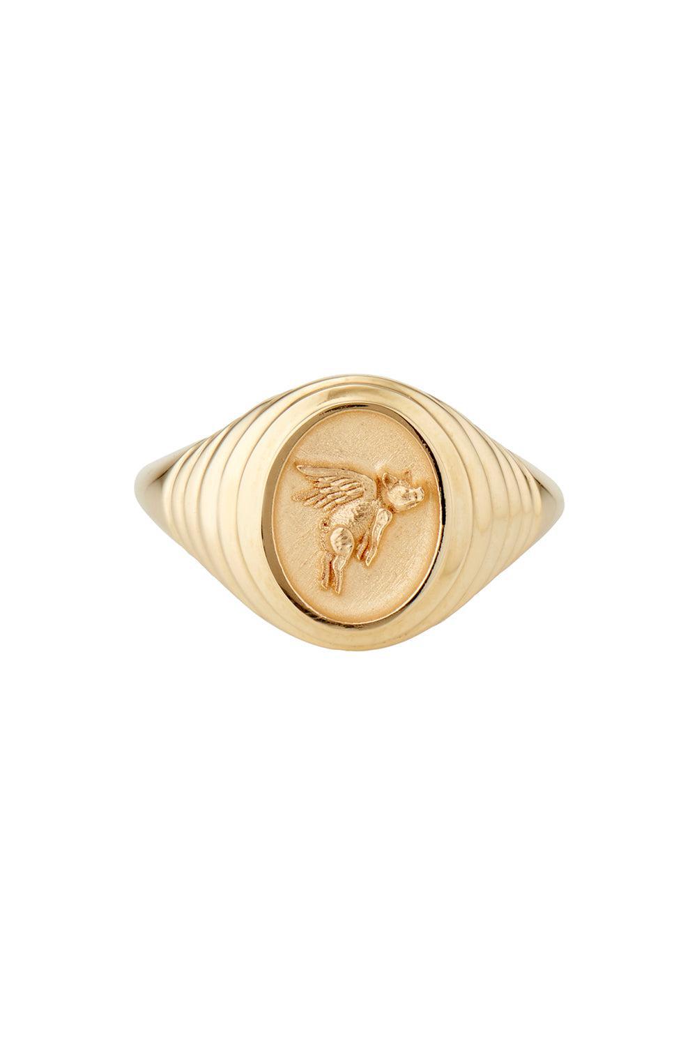 Flying Pig Fantasy Motif Signet Ring-YELLOW GOLD-5-JEWELRYFINE JEWELRING-RETROUVAI