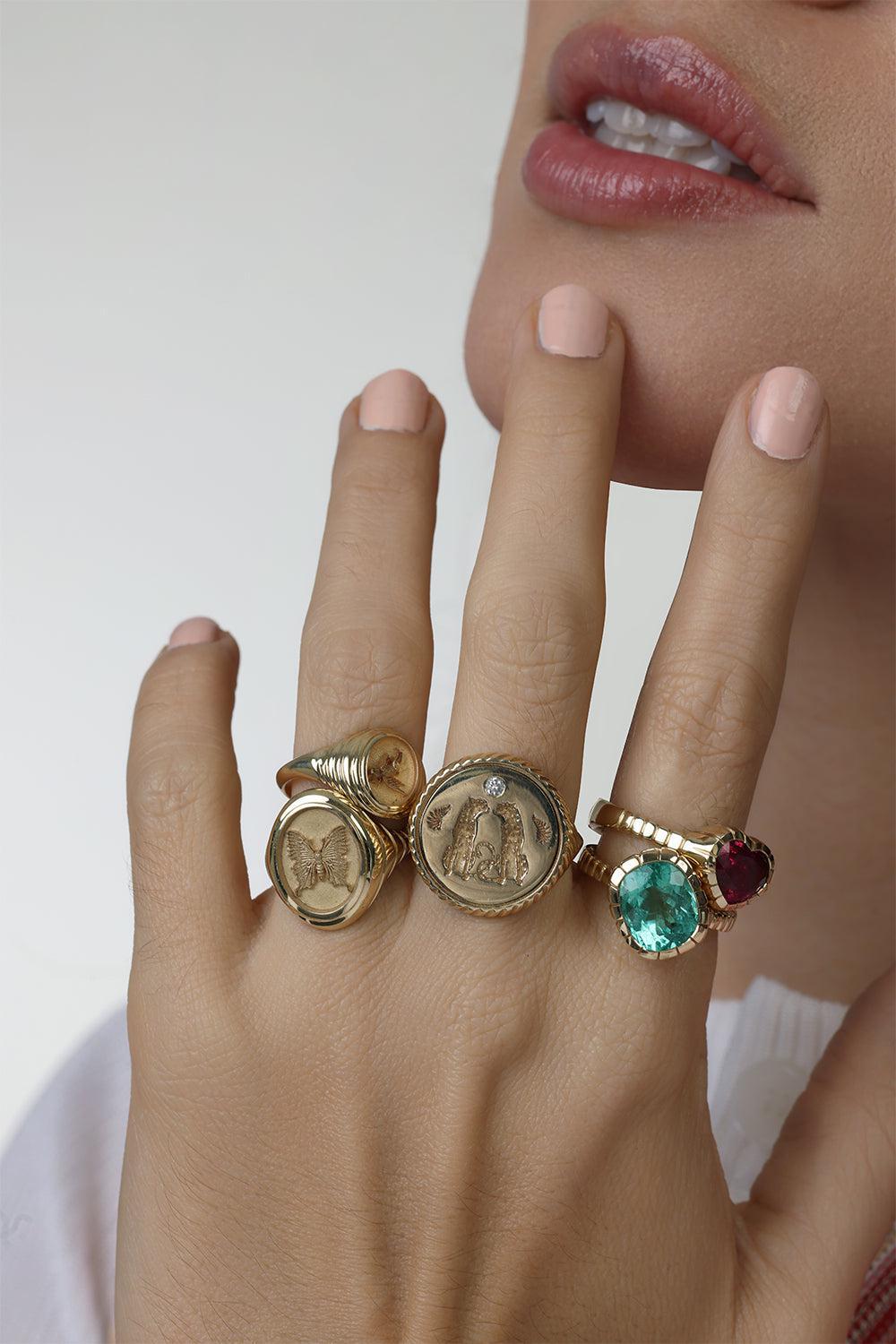 Cushion Emerald Heirloom Ring-YELLOW GOLD-7-JEWELRYFINE JEWELRING-RETROUVAI