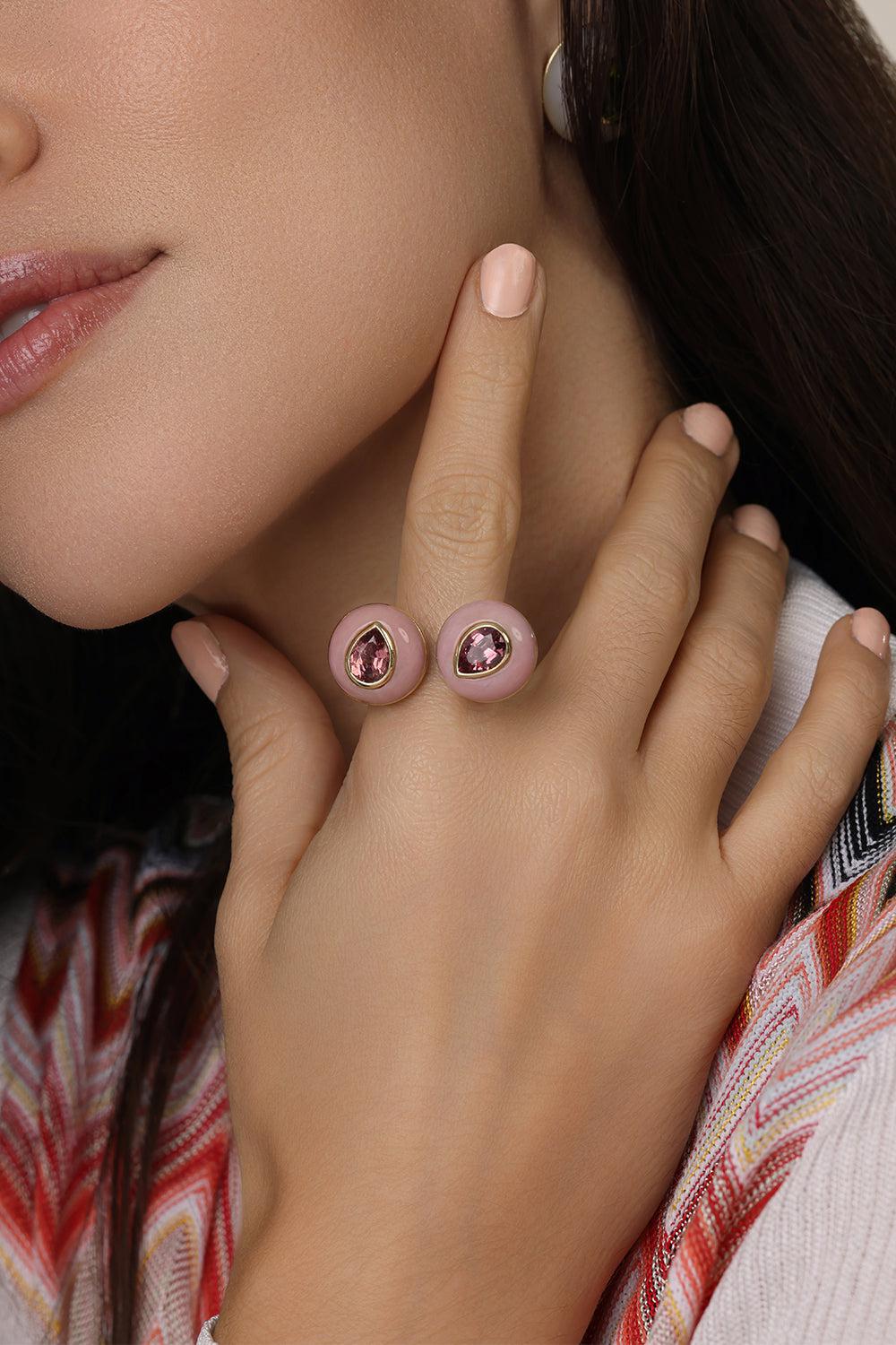 Garnet Double Stone Lollipop Ring-YELLOW GOLD-7-JEWELRYFINE JEWELRING-RETROUVAI
