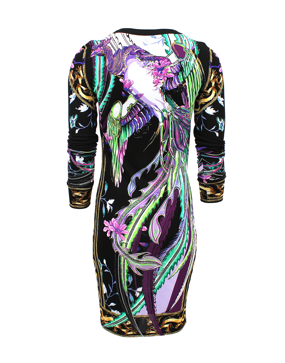 ROBERTO CAVALLI-Long Sleeve Floral Print Crewneck Dress-