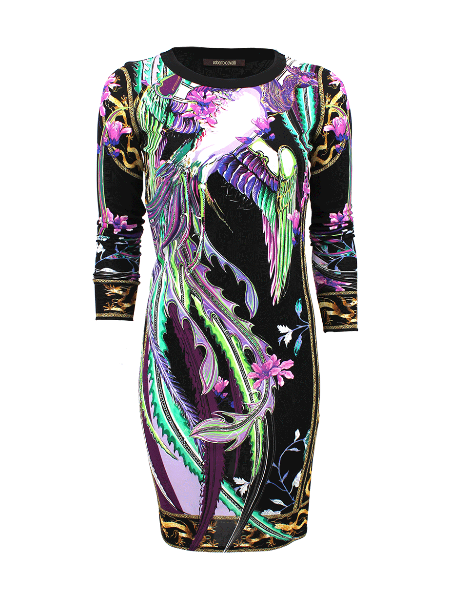 ROBERTO CAVALLI-Long Sleeve Floral Print Crewneck Dress-