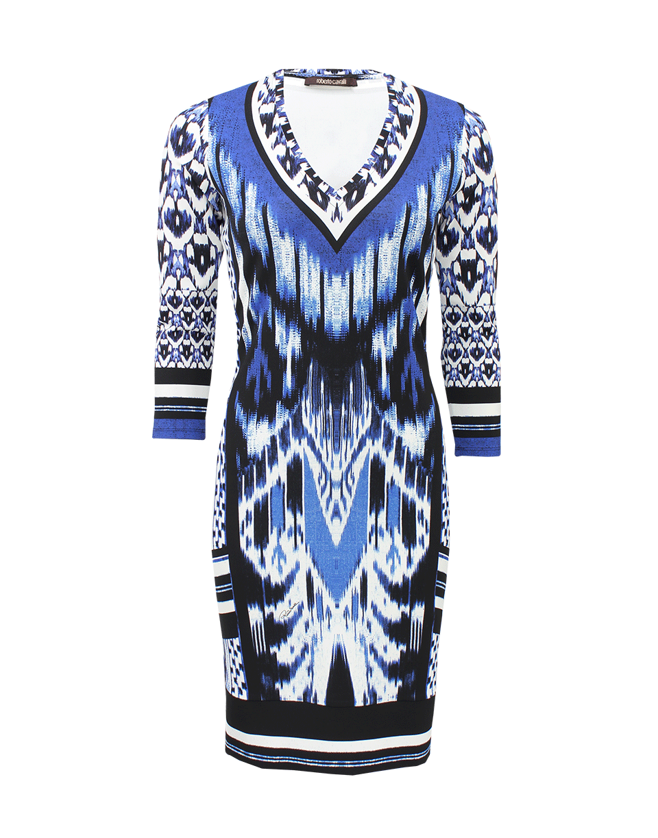 ROBERTO CAVALLI-Three-Quarter Sleeve V-Neck Print Dress-