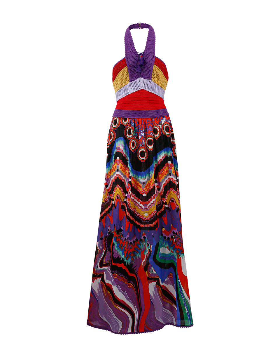 ROBERTO CAVALLI-Dreamscape Print Halter Gown-TABACCO