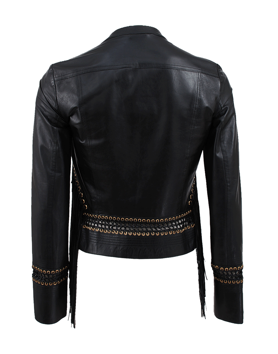ROBERTO CAVALLI-Long Sleeve Fringe Leather Jacket-BLACK