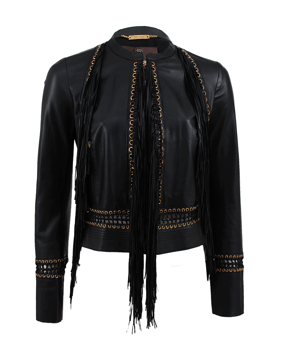 ROBERTO CAVALLI-Long Sleeve Fringe Leather Jacket-BLACK