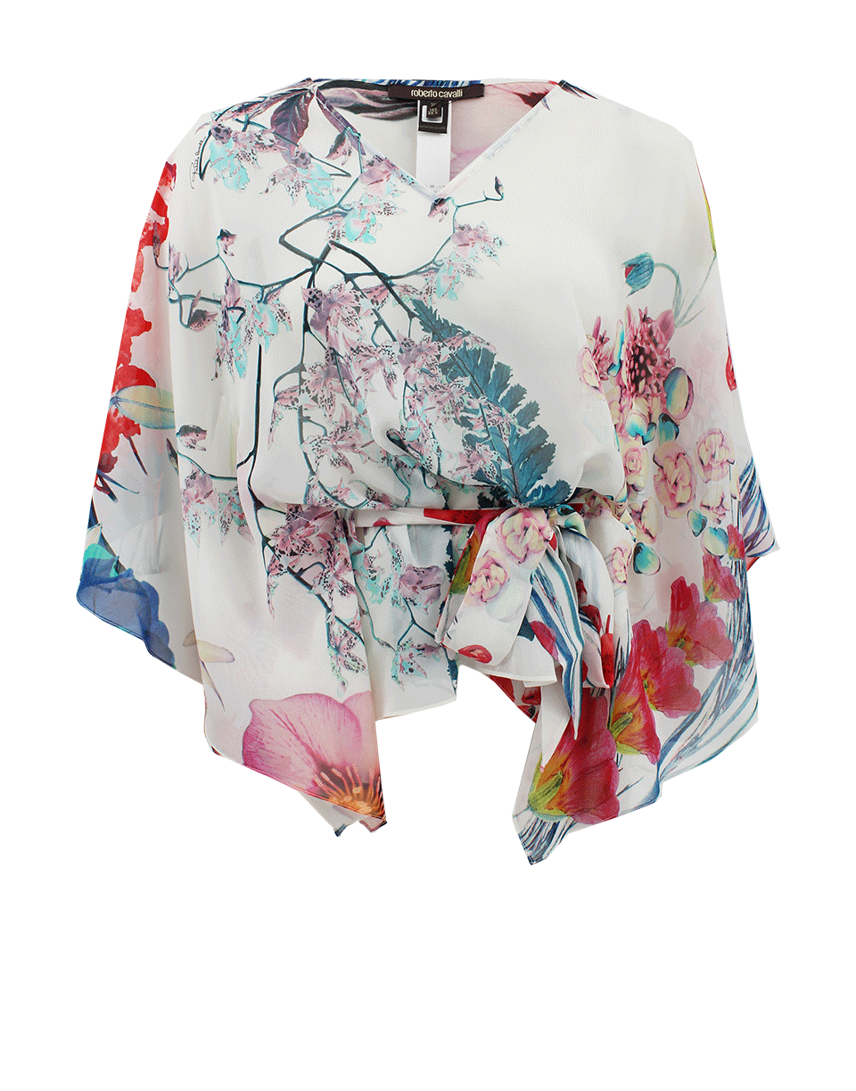 ROBERTO CAVALLI-V-Neck Floral Belted Caftan Top-