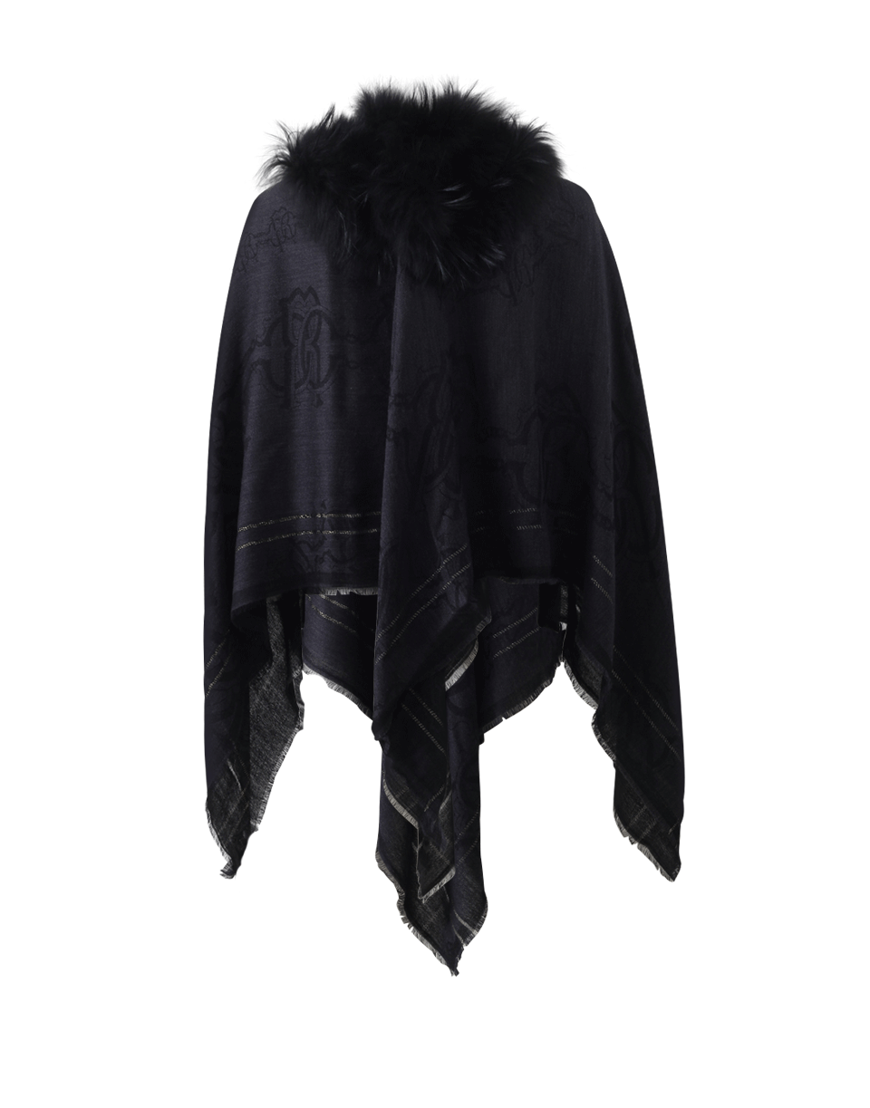 ROBERTO CAVALLI-Poncho With Fur Trim-NAVY