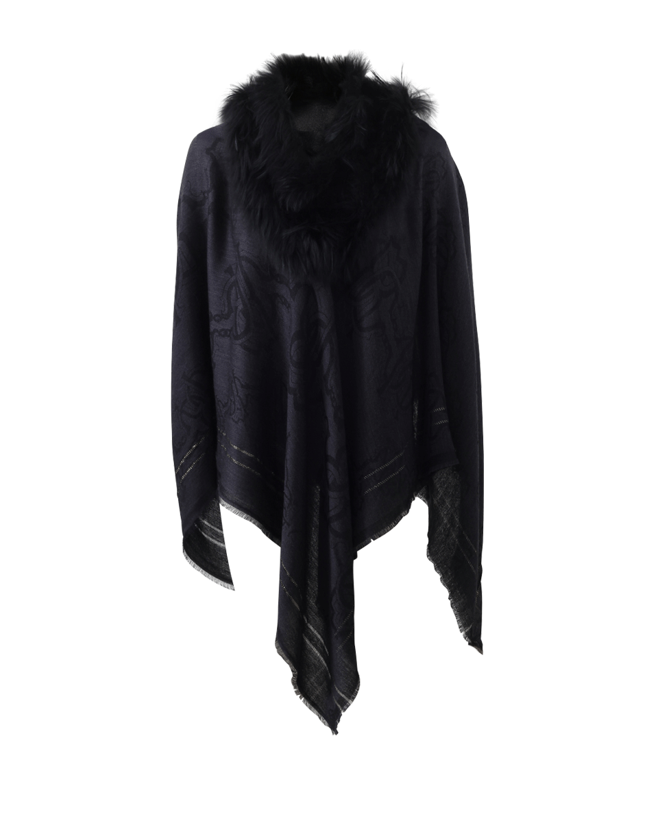 ROBERTO CAVALLI-Poncho With Fur Trim-NAVY