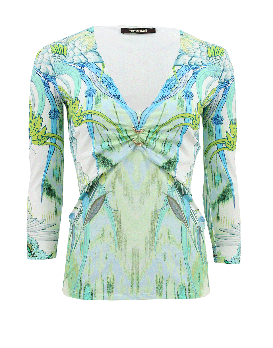 ROBERTO CAVALLI-Long Sleeve V-Neck Printed Top-