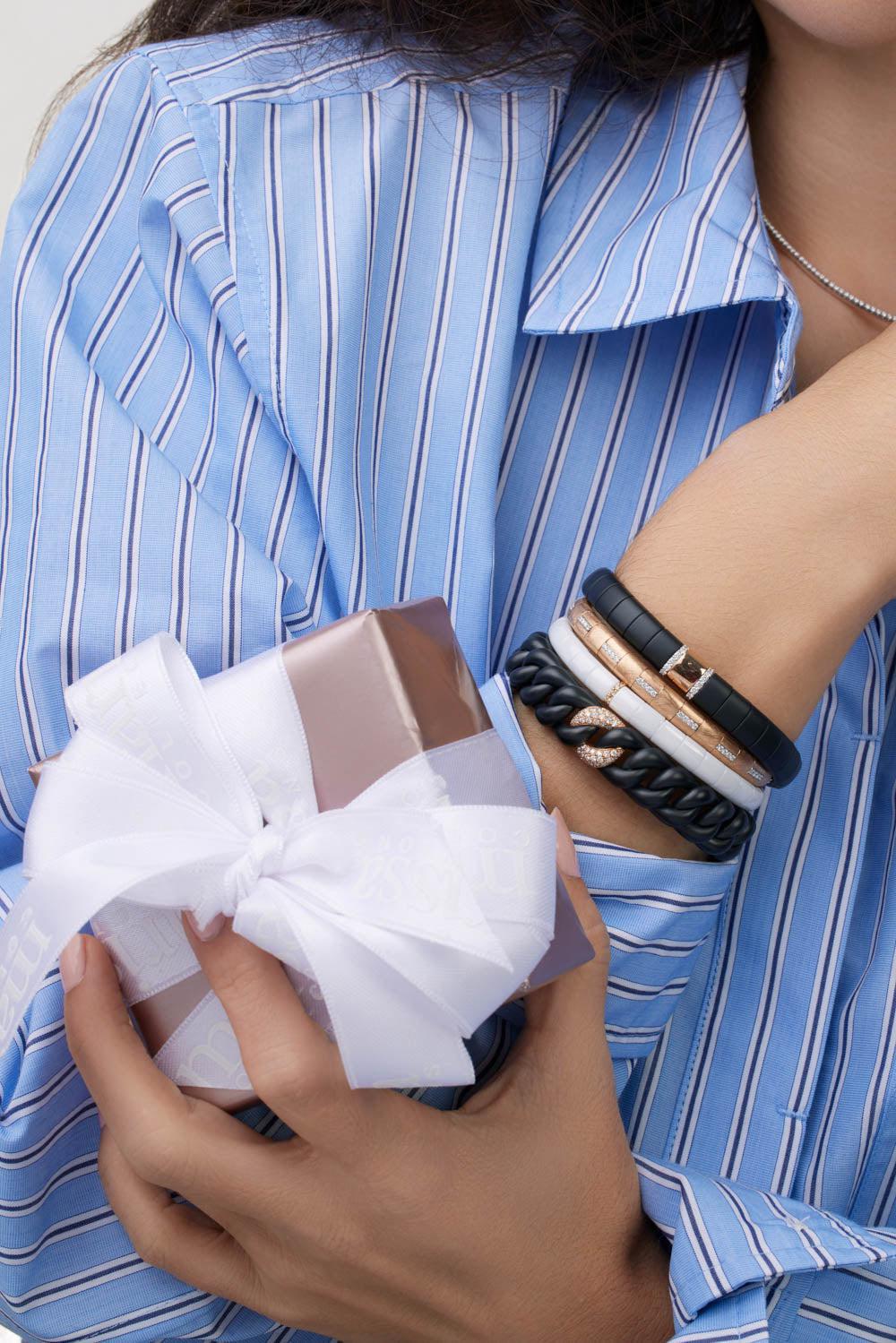 Matte Black Ceramic Diamond Groumette Bracelet-ROSE GOLD-JEWELRYFINE JEWELBRACELET O-ROBERTO DEMEGLIO