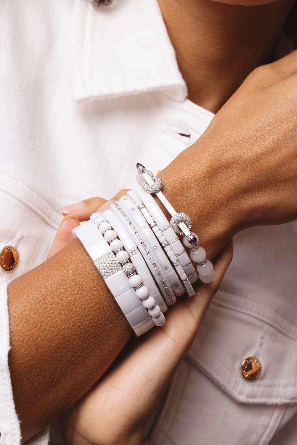 ROBERTO DEMEGLIO-5 Diamond White Ceramic Dado Bracelet-WHITE GOLD