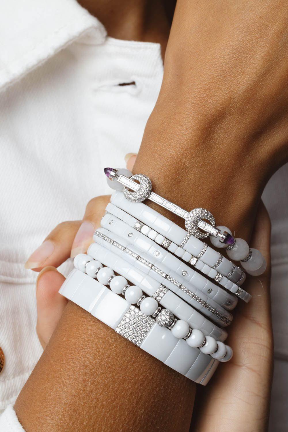 ROBERTO DEMEGLIO-5 Diamond White Ceramic Dado Bracelet-WHITE GOLD