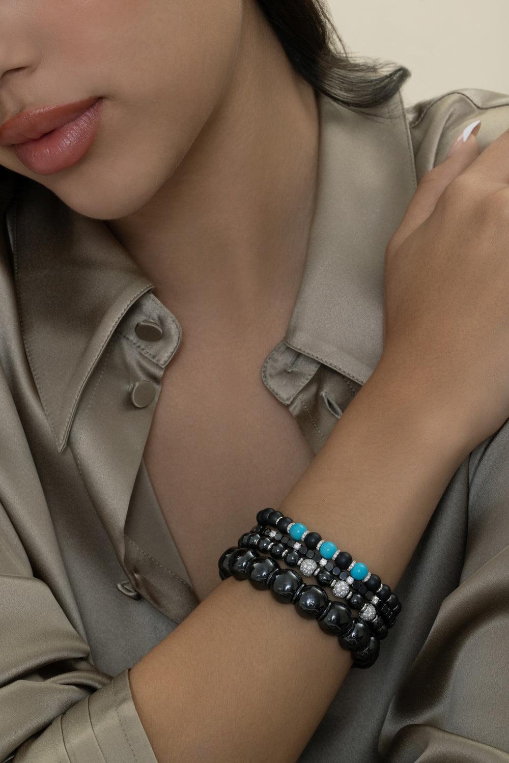 Three Turquoise Diamond Beaded Matte Black Sfera Bracelet-WHITE GOLD-6-JEWELRYFINE JEWELBRACELET O-ROBERTO DEMEGLIO
