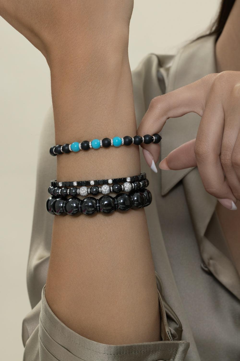Three Turquoise Diamond Beaded Matte Black Sfera Bracelet-WHITE GOLD-6-JEWELRYFINE JEWELBRACELET O-ROBERTO DEMEGLIO