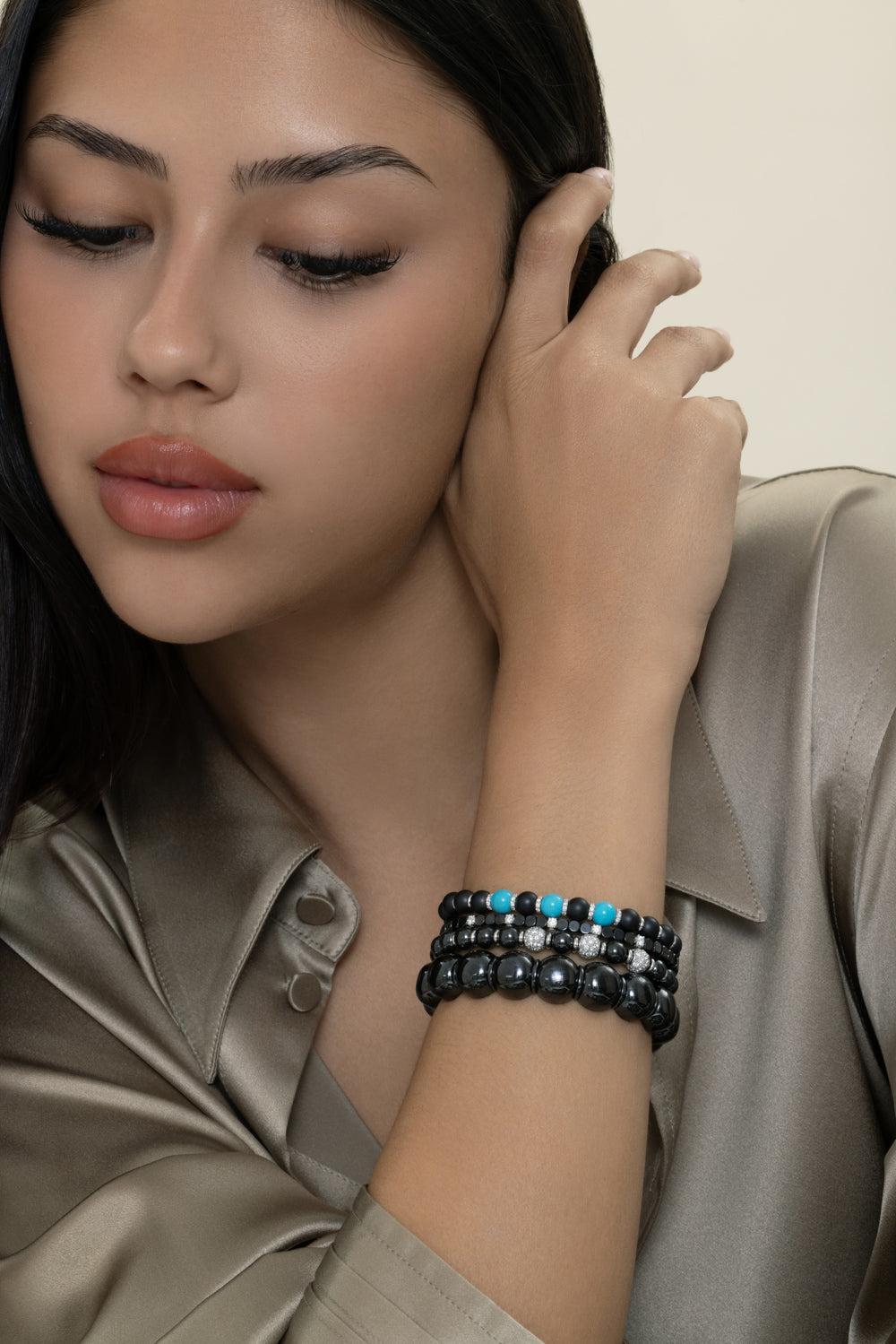 Three Turquoise Diamond Beaded Matte Black Sfera Bracelet-WHITE GOLD-6-JEWELRYFINE JEWELBRACELET O-ROBERTO DEMEGLIO
