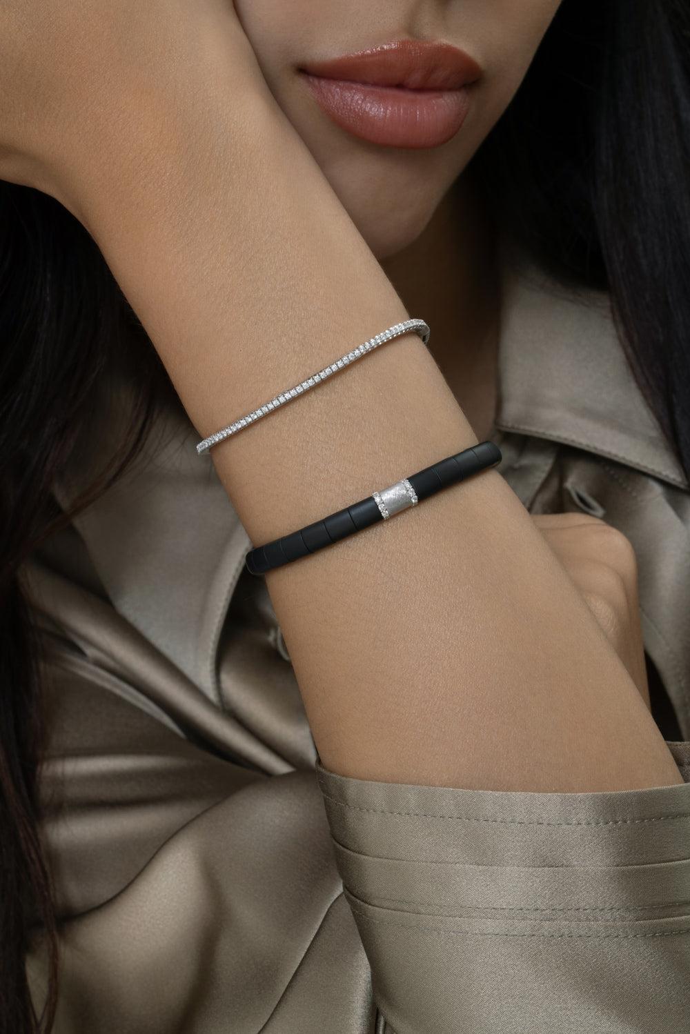 Diamond Bar Link Matte Black Pura Bracelet-WHITE GOLD-JEWELRYFINE JEWELBRACELET O-ROBERTO DEMEGLIO