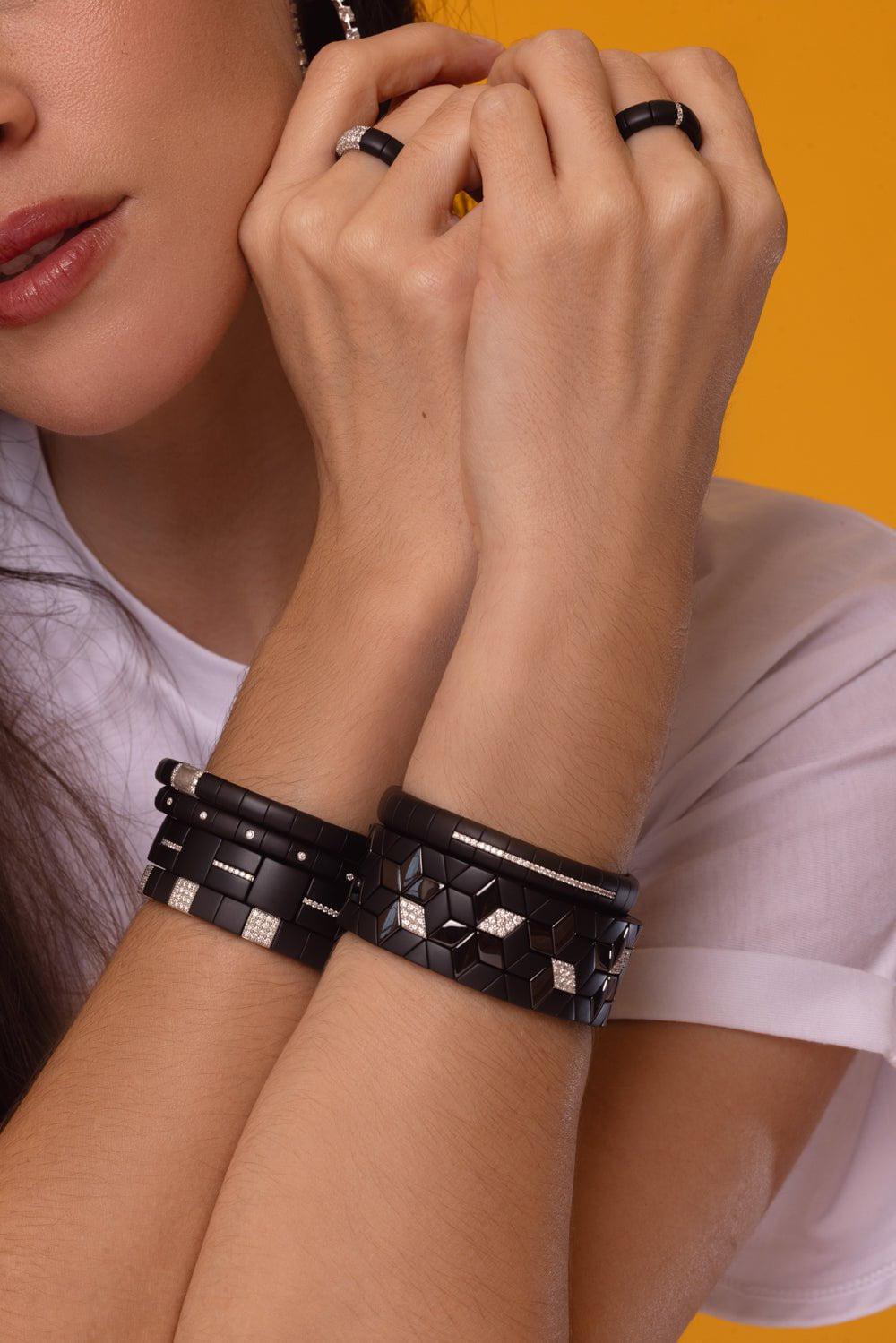 ROBERTO DEMEGLIO-Domino Luce Black Ceramic Stretch Bracelet-WHITE GOLD