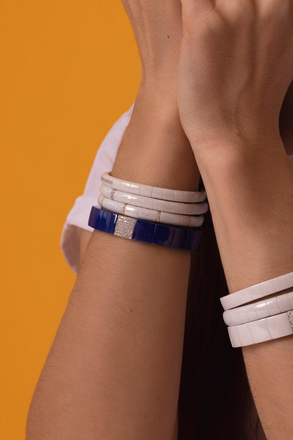 ROBERTO DEMEGLIO-Domino Square Blue Ceramic Stretch Bracelet-WHITE GOLD