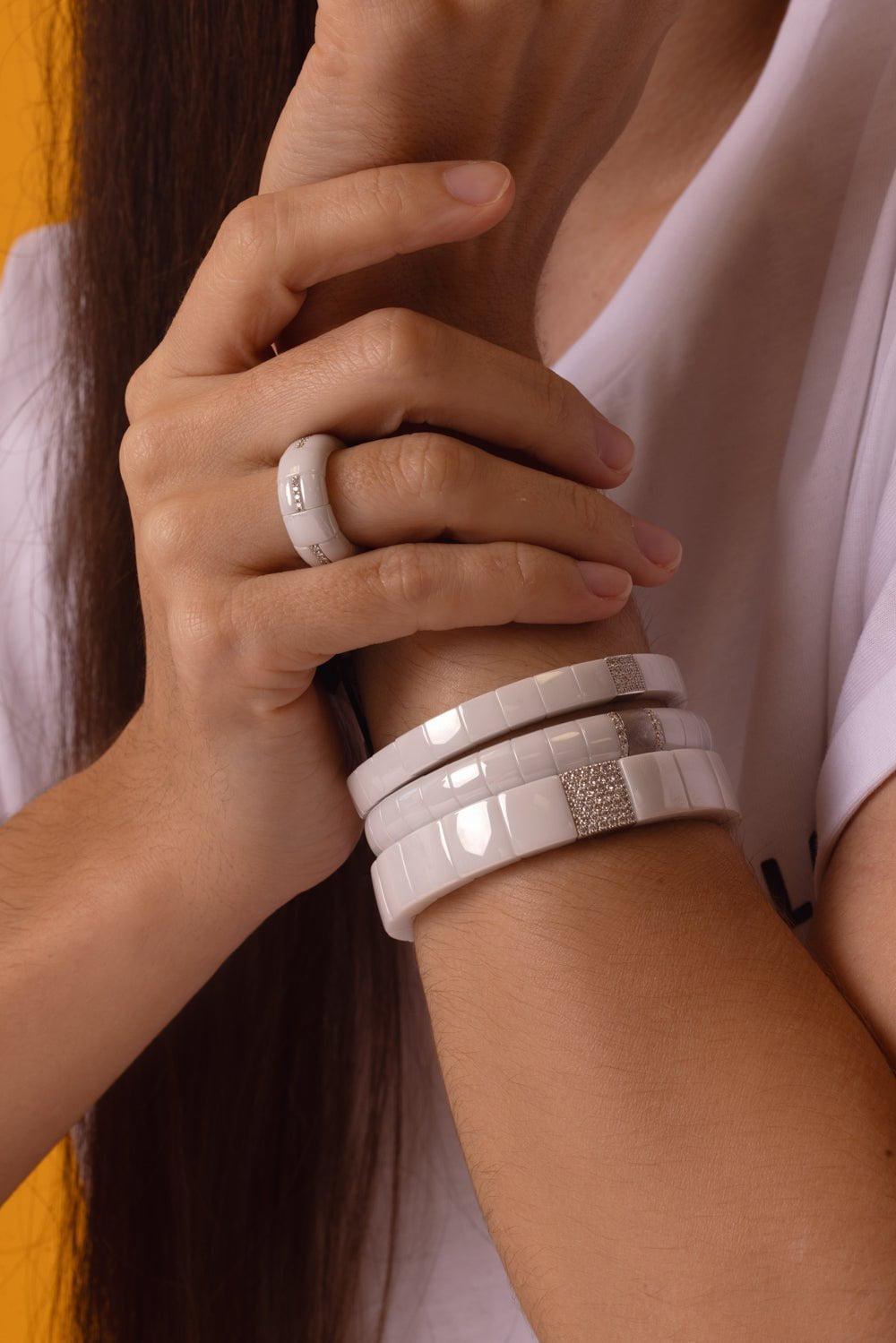 ROBERTO DEMEGLIO-Domino Square White Ceramic Stretch Bracelet-WHITE GOLD