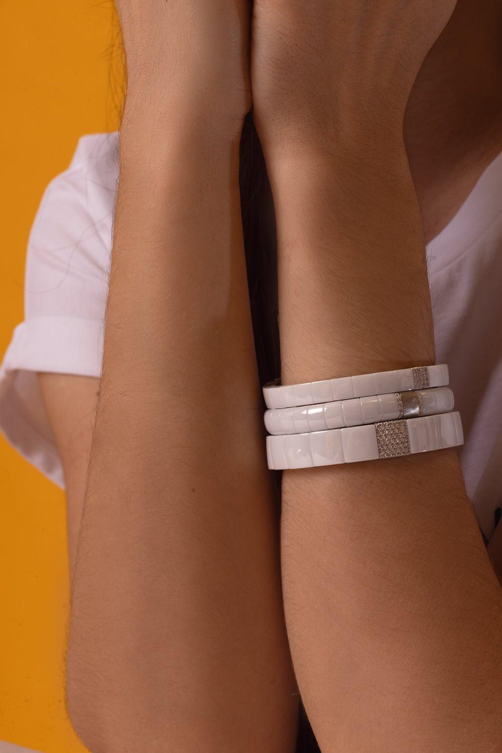 ROBERTO DEMEGLIO-Domino Square White Ceramic Stretch Bracelet-WHITE GOLD
