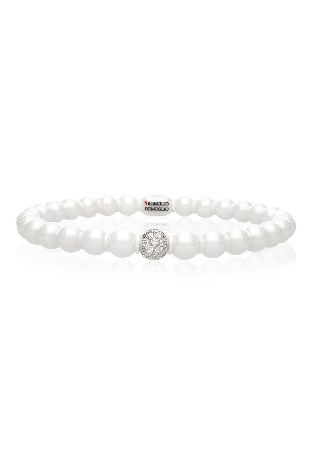One Diamond White Beaded Stretch Bracelet