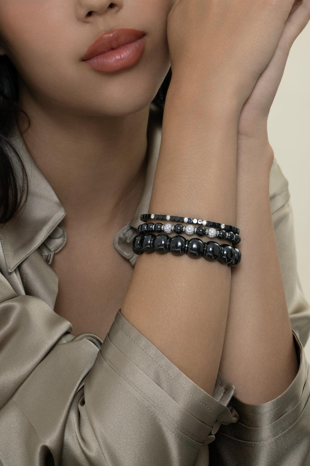 Three Diamond Bead Black Sfera Stretch Bracelet-WHITE GOLD-JEWELRYFINE JEWELBRACELET O-ROBERTO DEMEGLIO