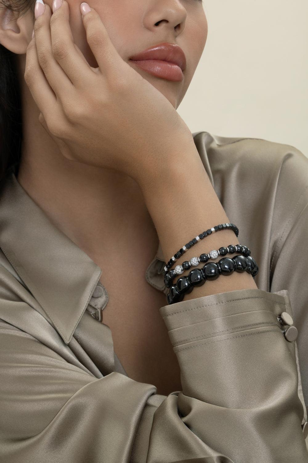 Three Diamond Bead Black Sfera Stretch Bracelet-WHITE GOLD-JEWELRYFINE JEWELBRACELET O-ROBERTO DEMEGLIO